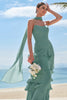 Load image into Gallery viewer, Eucalyptus A Line Strapless Ruffled Long Bridesmaid Dress with Ribbon