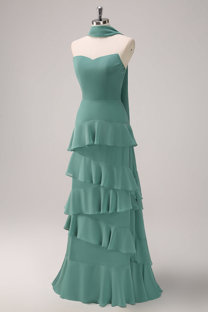 Load image into Gallery viewer, Eucalyptus Strapless Ruffled Long Bridesmaid Dress with Ribbon