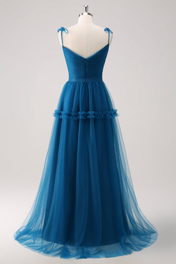 Dark Blue Spaghetti Straps A-Line Tulle Long Bridesmaid Dress