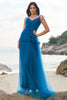 Load image into Gallery viewer, Dark Blue Spaghetti Straps A-Line Tulle Long Bridesmaid Dress