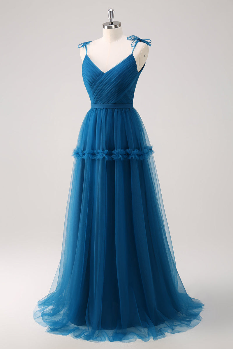 Load image into Gallery viewer, Dark Blue Spaghetti Straps A-Line Tulle Long Bridesmaid Dress