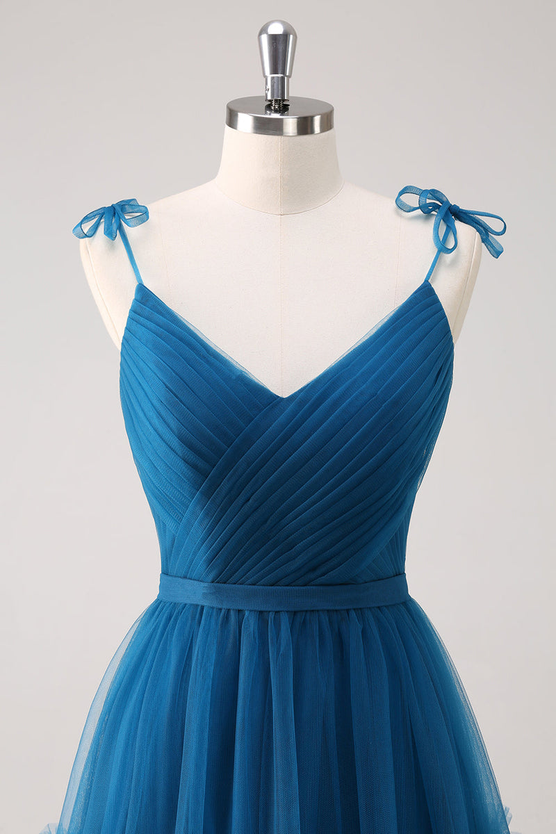 Load image into Gallery viewer, Dark Blue Spaghetti Straps A-Line Tulle Long Bridesmaid Dress