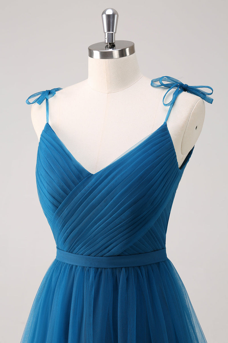 Load image into Gallery viewer, Dark Blue Spaghetti Straps A-Line Tulle Long Bridesmaid Dress