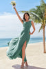 Load image into Gallery viewer, Eucalyptus A-Line Spaghetti Straps Chiffon Long Bridesmaid Dress with Slit