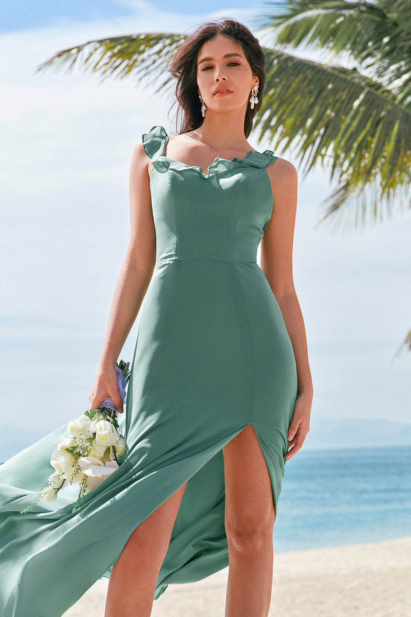 Load image into Gallery viewer, Eucalyptus A-Line Spaghetti Straps Chiffon Long Bridesmaid Dress with Slit