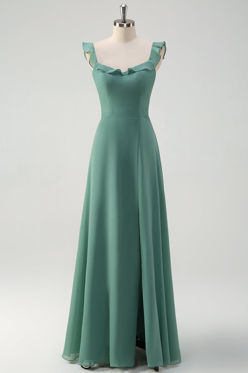 Load image into Gallery viewer, Eucalyptus Chiffon A Line Spaghetti Straps Long Bridesmaid Dress with Slit