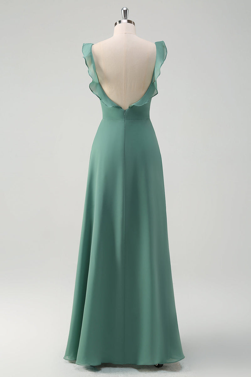 Load image into Gallery viewer, Eucalyptus Chiffon A Line Spaghetti Straps Long Bridesmaid Dress with Slit