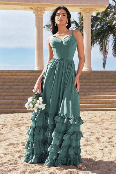 Eucalyptus A-Line Corset Ruched Chiffon Long Bridesmaid Dress with Slit