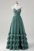 Load image into Gallery viewer, Eucalyptus A-Line Corset Ruffled Chiffon Long Bridesmaid Dress with Slit