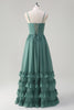 Load image into Gallery viewer, Eucalyptus A-Line Corset Ruffled Chiffon Long Bridesmaid Dress with Slit