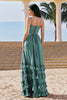 Load image into Gallery viewer, Eucalyptus A-Line Corset Ruched Chiffon Long Bridesmaid Dress with Slit