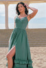 Load image into Gallery viewer, Eucalyptus A-Line Corset Ruched Chiffon Long Bridesmaid Dress with Slit