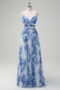 Load image into Gallery viewer, White Blue Flower A-Line Spaghetti Straps Pleated Long Bridesmaid Dress