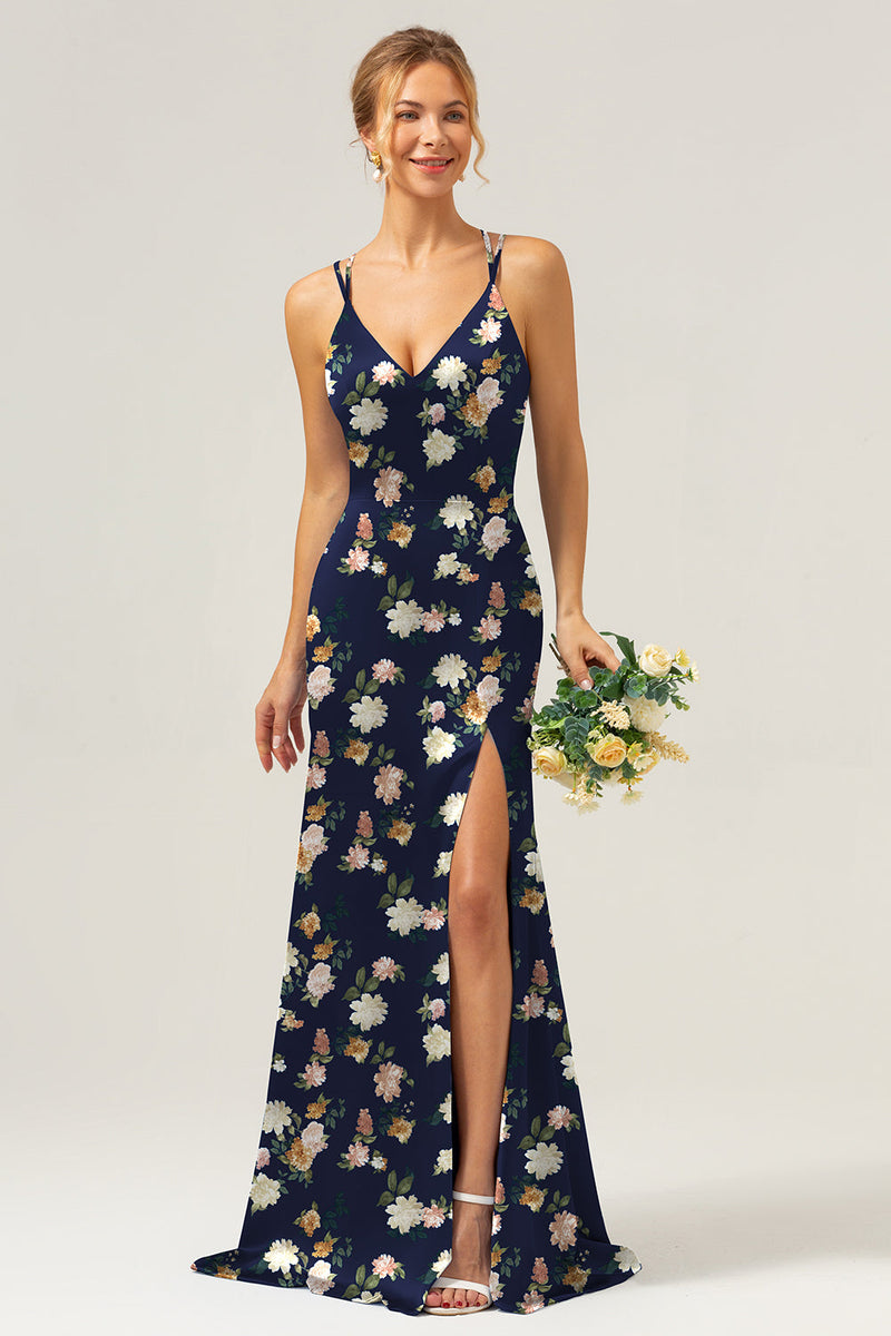 Load image into Gallery viewer, Navy Bloom Mermaid Spaghetti Straps Long Satin Bridesmaid Dress with Slit