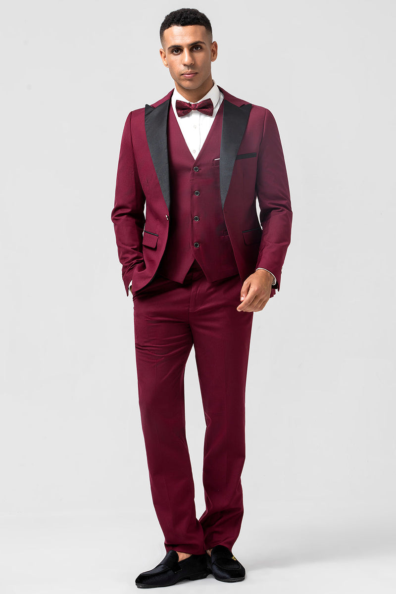 Load image into Gallery viewer, Burgundy 3 Pieces Peak Lapel Men&#39;s Prom Tuxedo