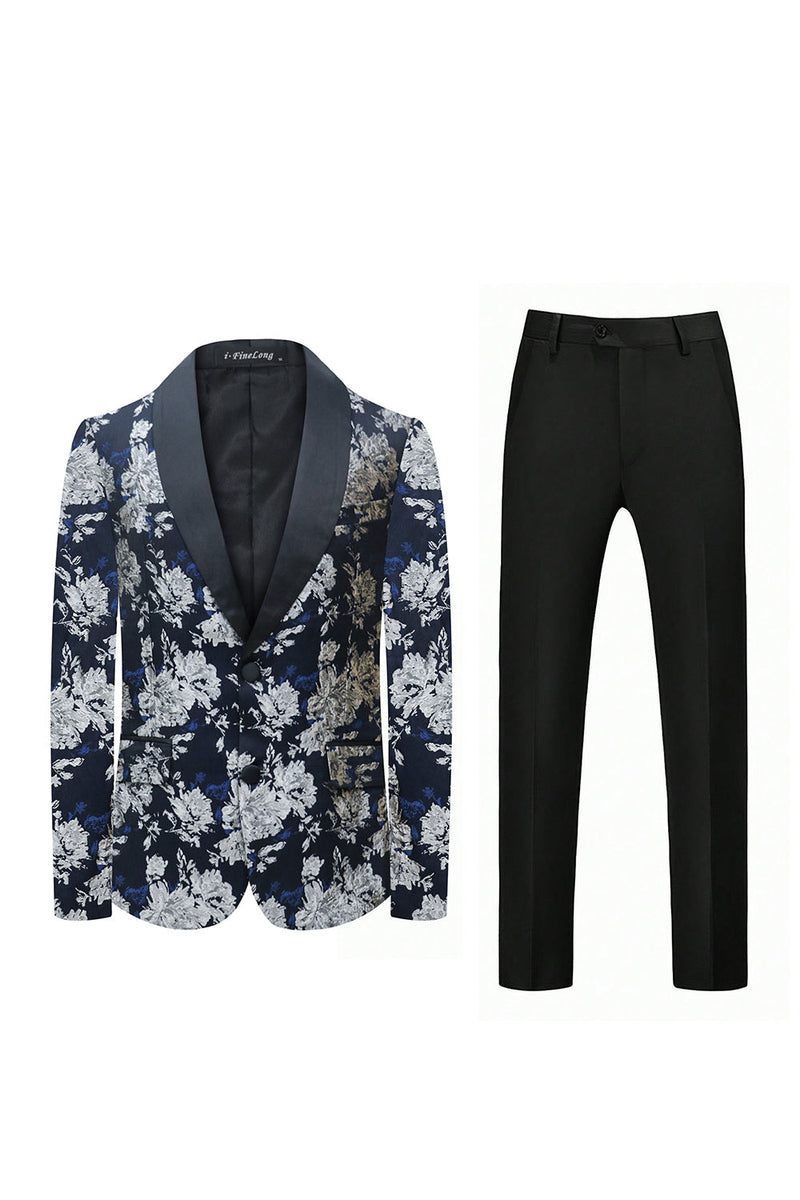 Load image into Gallery viewer, Black White Floral Printed Shawl Lapel 2 Pieces Men Suits