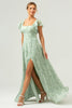 Load image into Gallery viewer, Dusty Sage Square Neck Printed Flower Long Bridesmaid Dress with Slit