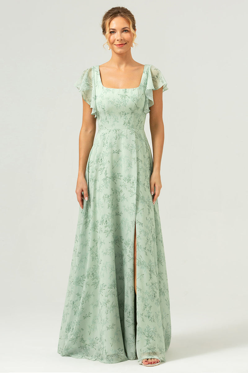 Load image into Gallery viewer, Dusty Sage Square Neck Printed Flower Long Bridesmaid Dress with Slit