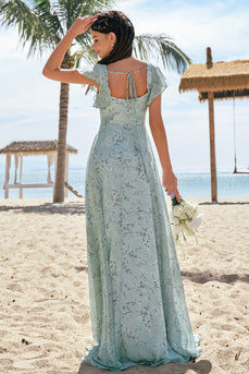 Grey Green Printed Floral Long Bridesmaid Dress with Slit