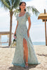 Load image into Gallery viewer, Grey Green Printed Floral Long Bridesmaid Dress with Slit