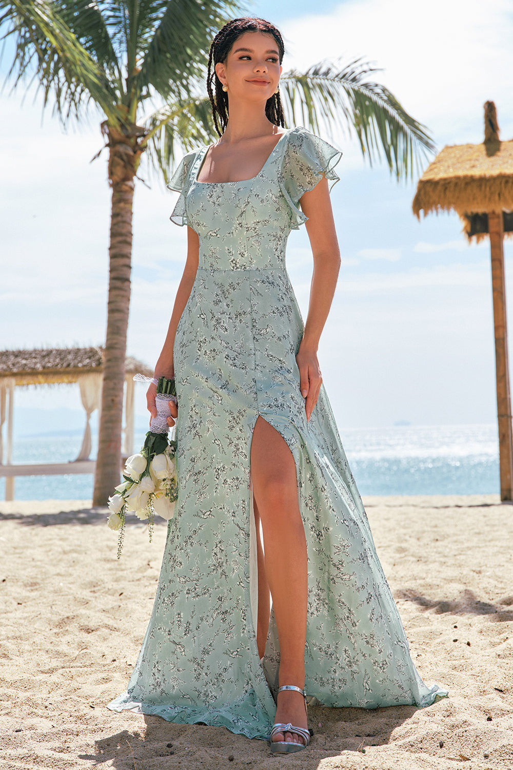 Grey Green Printed Floral Long Bridesmaid Dress with Slit