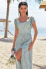 Load image into Gallery viewer, Dusty Sage A Line Printed Floral Long Bridesmaid Dress with Slit