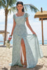 Load image into Gallery viewer, Grey Green Printed Floral Long Bridesmaid Dress with Slit