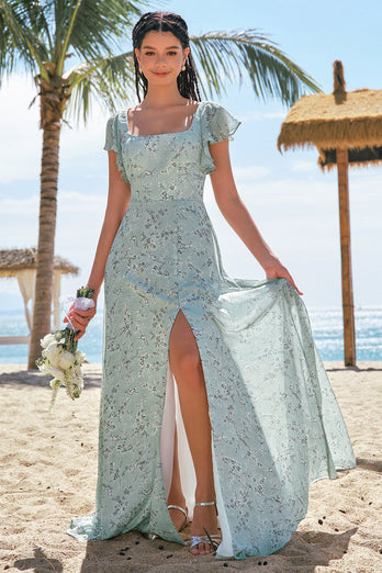 Grey Green Printed Floral Long Bridesmaid Dress with Slit