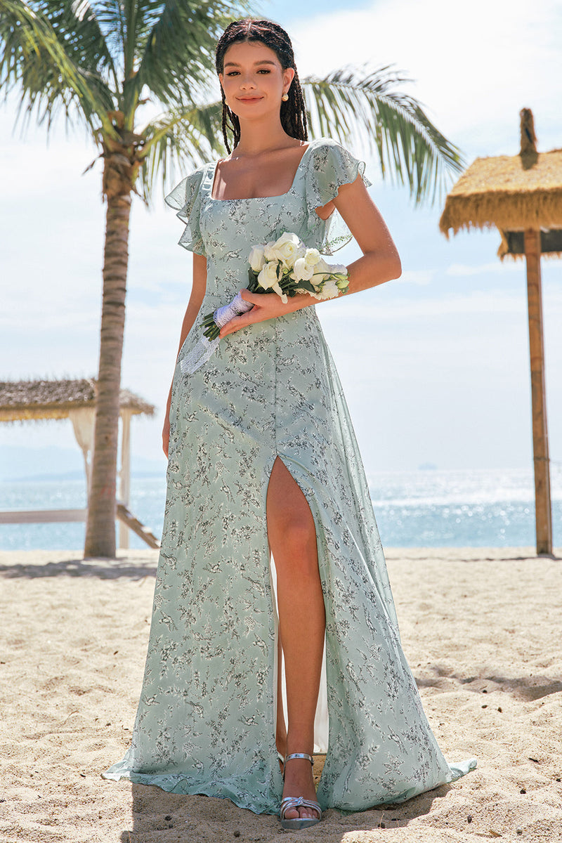 Load image into Gallery viewer, Dusty Sage A Line Printed Floral Long Bridesmaid Dress with Slit