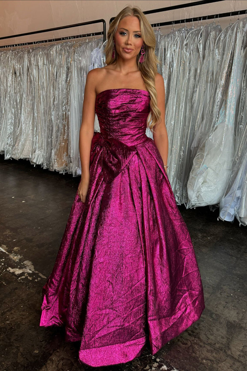 Load image into Gallery viewer, Metallic Fuchsia Strapless Formal Dress with Bow