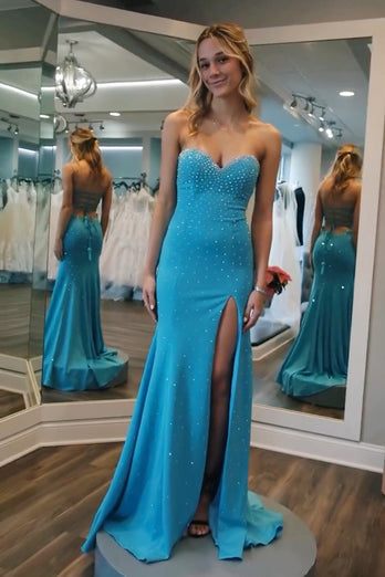 Sparkly Blue Sweetheart Beaded Formal Dress with Slit