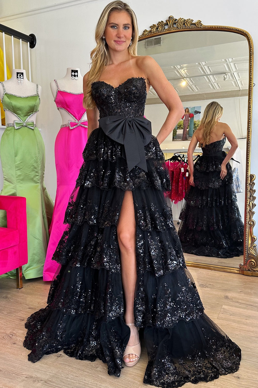 Sparkly Black Corset Tiered Long Formal Dress with Slit