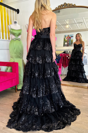 Sparkly Black Corset Tiered Long Formal Dress with Slit