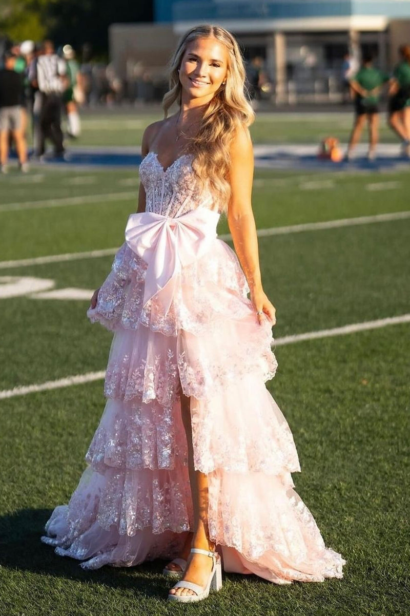 Load image into Gallery viewer, Sparkly White Bownot Corset Tiered Long Formal Dress with Slit