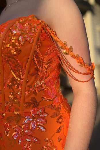 Sparkly Corset Orange Off The Shoulder Long Formal Dress with Slit