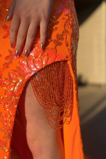 Sparkly Corset Orange Off The Shoulder Long Formal Dress with Slit