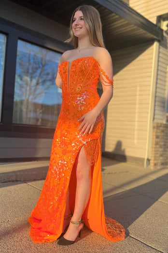 Sparkly Corset Orange Off The Shoulder Long Formal Dress with Slit