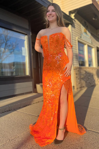 Sparkly Corset Orange Off The Shoulder Long Formal Dress with Slit