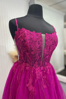 Fuchsia Corset Long Formal Dress with Appliques