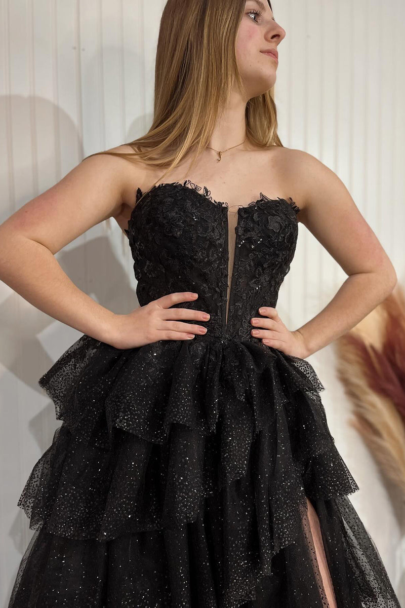 Load image into Gallery viewer, Sparkly Black Sweetheart Long Formal Dress with Lace