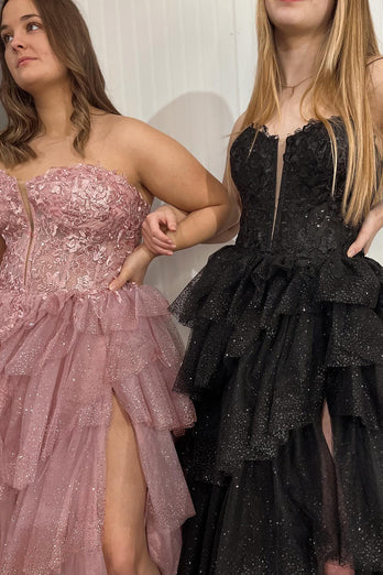 Sparkly Black Sweetheart Long Formal Dress with Lace