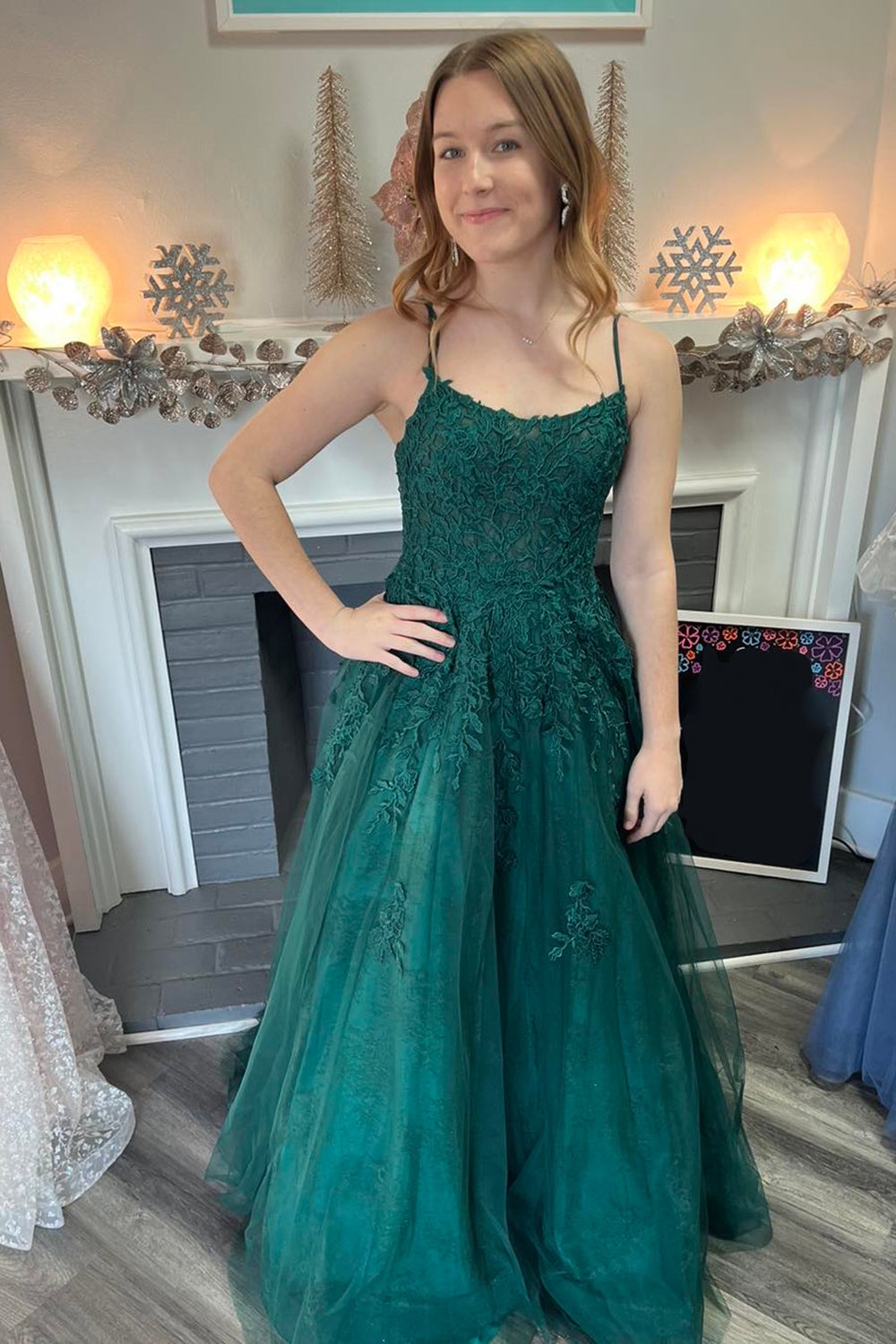 A-Line Dark Green Floral Long Formal Dress with Appliques