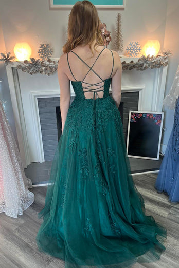 A-Line Dark Green Floral Long Formal Dress with Appliques