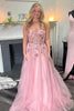 Load image into Gallery viewer, Sparkly Corset Pink Floral Long Formal Dress with Appliques