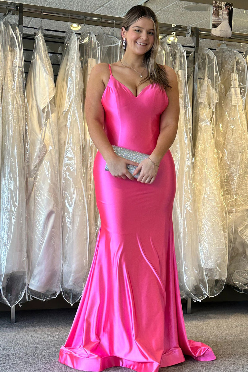 Load image into Gallery viewer, Simple Fuchsia Mermaid Spaghetti Straps Long Formal Dress