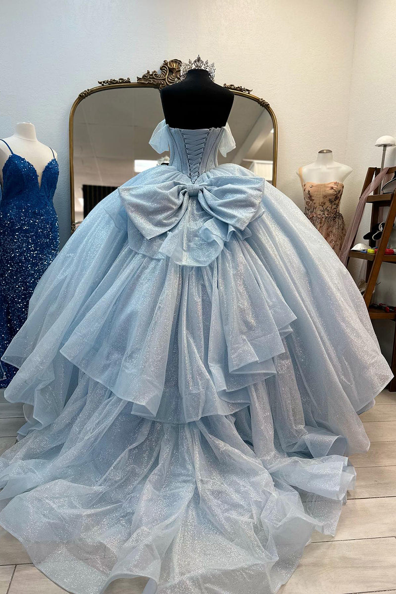 Load image into Gallery viewer, Princess Light Blue Off The Shoulder Corset Long Formal Dress