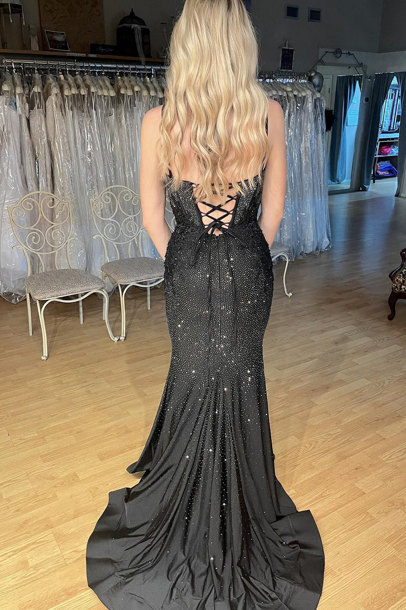 Load image into Gallery viewer, Sparkly Black Corset Mermaid Long Formal Dress