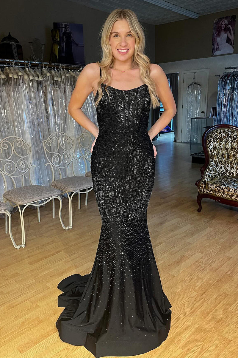 Load image into Gallery viewer, Sparkly Black Corset Mermaid Long Formal Dress