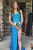 Load image into Gallery viewer, Sparkly Turquoise Corset Appliqued Long Formal Dress with Slit