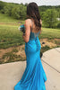 Load image into Gallery viewer, Sparkly Turquoise Corset Appliqued Long Formal Dress with Slit